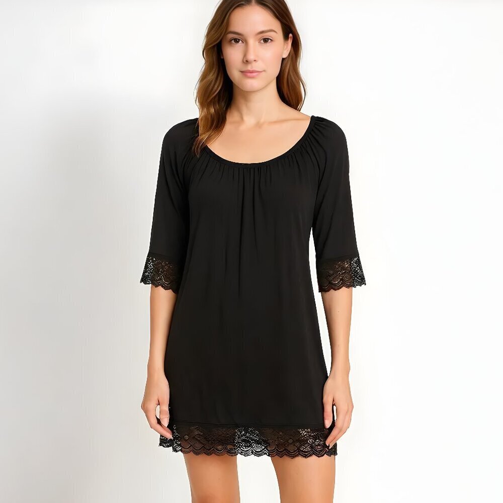 Only Hearts Black Modal Lace Trim Tunic Dress Mini Boho Romanticcore Size S